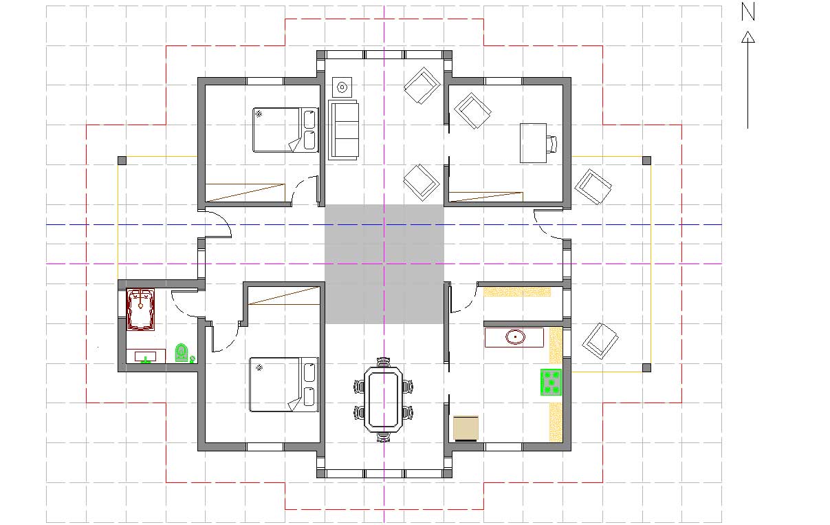 Exemplo de planta de casa projetada conforme a arquitetura Vastu. O espaço “cinza” na região central desta figura delineia a região do Brahmasthan. Projeto: Verena Rapp