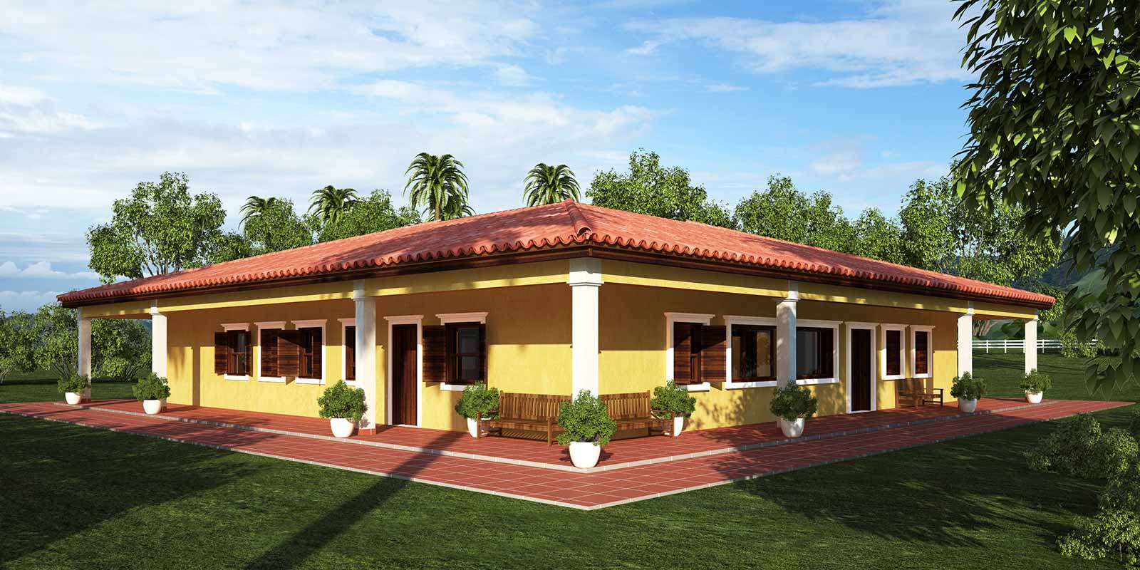Ilustração de uma casa de fazenda com pátio central. Projeto Vastu: Verena Rapp. Renderização: arq. Giuliano Folloni Casa Ecológica