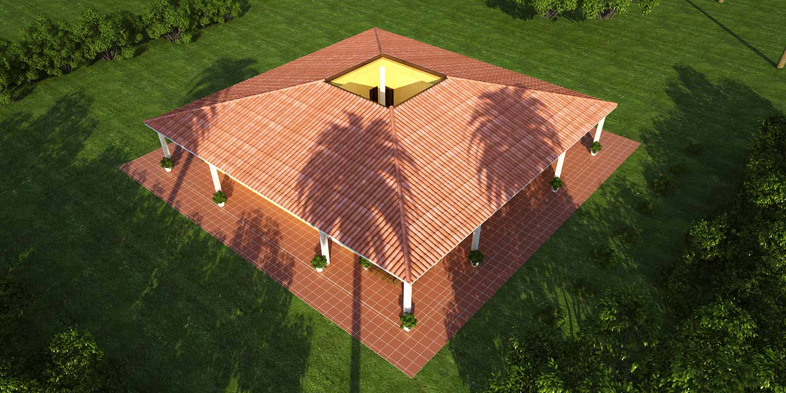 Ilustração de uma casa de fazenda com pátio central. Projeto Vastu: Verena Rapp. Renderização: arq. Giuliano Folloni Casa Ecológica